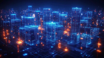 Futuristic digital cityscape composed of glowing blue and orange holographic skyscrapers and circuit-like ground patterns in a dark environment