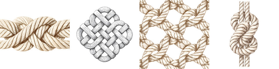 Variety of Nautical Rope Knots on White Background