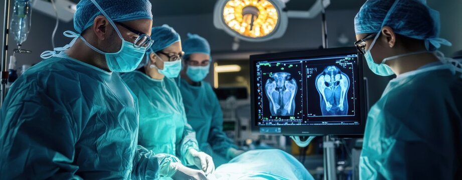 Medical team performing surgery in operating room with visible CT scans of pelvis on monitor, focused and serious atmosphere