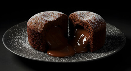 Indulgent warm chocolate lava cake with a gooey molten center on a black background