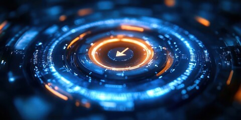 Futuristic circular interface with glowing blue and orange digital elements surrounding a central arrow symbol