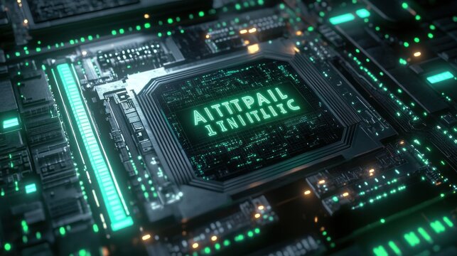 Close-up of a futuristic electronic circuit board with glowing green digital elements and a central chip displaying illuminated alphanumeric text