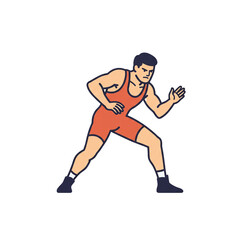 A determined male athlete in a grappling uniform assumes a powerful stance, ready for competitive action.