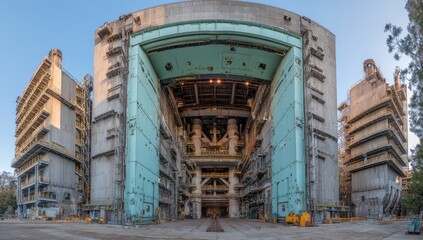 Obraz premium Wide shot of a large, industrial facility with open doors