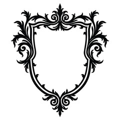 Black ornate shield frame with floral scrollwork white background