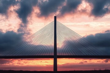 Fototapeta premium Modern cable-stayed bridge silhouette against a dramatic sunset sky with vibrant orange, pink, and purple clouds creating a peaceful and majestic scene