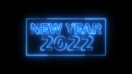 New year 2022 text icon animation glowing neon blue color number anniversary template banner sign signboard holiday code digit rectangle box font letter word on black background - Powered by Adobe