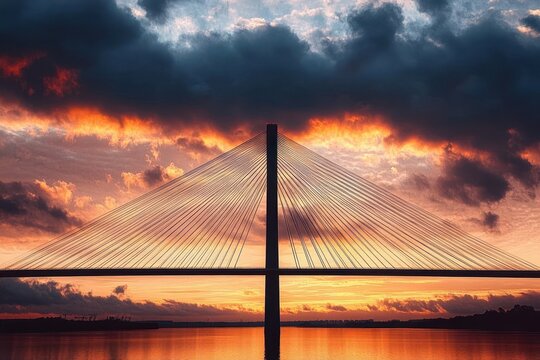 Cable-stayed bridge silhouetted against a dramatic fiery sunset with vibrant orange and dark clouds over calm water - Powered by Adobe