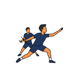 Two athletic men in dark blue sportswear engage in a dynamic badminton match with focused determination.