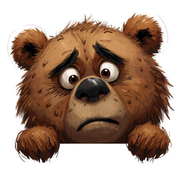 Animated bear character expressing sadness with expressive eyes on a clean transparent setting