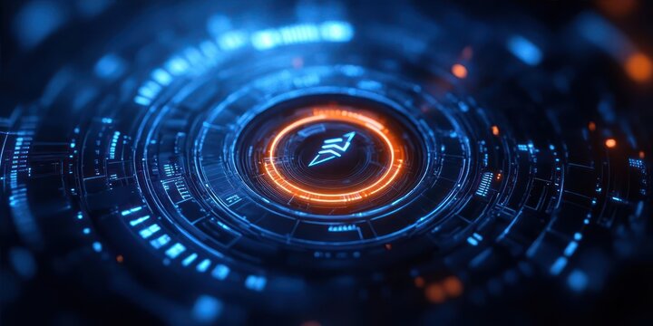 Futuristic circular interface glowing with blue and orange digital elements and intricate technological patterns