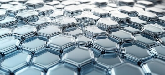 Close-up view of interconnected transparent hexagonal glass shapes creating a futuristic and reflective honeycomb pattern