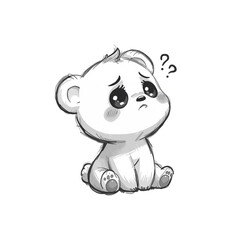 Puzzled Polar Cub in Cartoon Style on an Isolated, Transparent Plain Visual Expression