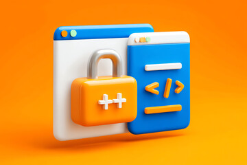 3D illustration of secured programming with a lock and code symbol on browser windows.