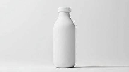 A tall, slender, matte-white plastic bottle with a simple screw-top cap stands on a plain white background, casting a subtle shadow.  It's unlabeled and appears to be empty