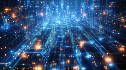 Obraz premium Futuristic digital cityscape composed of glowing blue and orange circuit-like lines and dots conveying advanced technology and connectivity