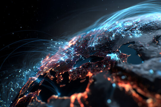 A digital visualization of Earth at night showing network connections between illuminated regions across Europe and surrounding areas.