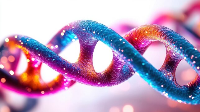 Close-up of a vibrant and colorful DNA double helix structure with glowing light particles inside a bright, blurry background