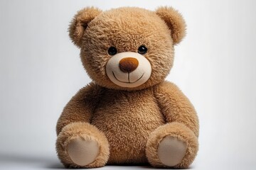 Obraz premium close-up of a fluffy brown teddy bear with a smiling face sitting against a neutral background