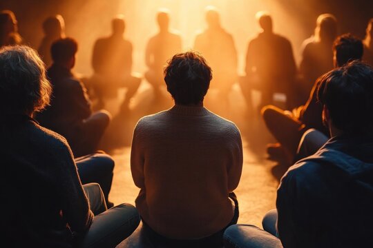Group of people sitting in a circle engaging in a discussion or group therapy session illuminated by warm, soft light creating a contemplative and intimate atmosphere