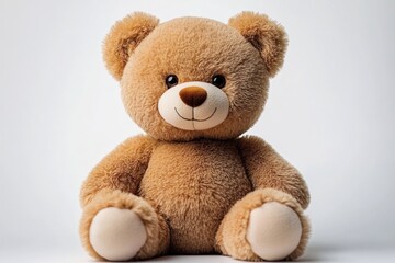 Obraz premium Cute smiling brown teddy bear sitting against a plain light background conveying warmth and comfort