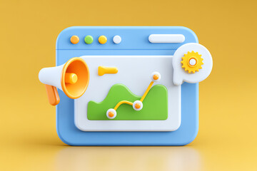 3D illustration of a web analytics dashboard with a megaphone and gear representing marketing and data management