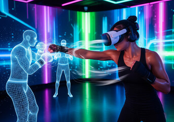Virtual reality, headset, immersive fitness training in a bright neon-lit room. A person wearing a VR headset is engaged in a boxing simulation with holographic opponents appearing in mid-air.