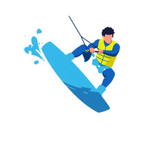 A dynamic wakeboarder performs an aerial trick, creating a splash of water during an exciting summer activity.