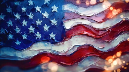 Close-up view of a textured and painted waving flag with red and white stripes and white stars on a blue background, glowing light spots create a festive atmosphere