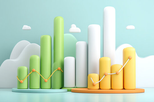3D bar chart with green, white, and yellow bars featuring orange line graphs. - Powered by Adobe