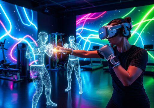 Virtual reality, headset, immersive fitness training in a bright neon-lit room. A person wearing a VR headset is engaged in a boxing simulation with holographic opponents appearing in mid-air. - Powered by Adobe
