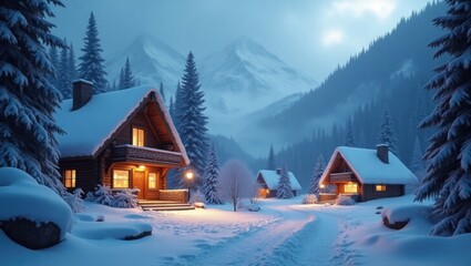 Secluded mountain village in heavy snow, cozy cabins, atmospheric lighting, game environment, winter adventure