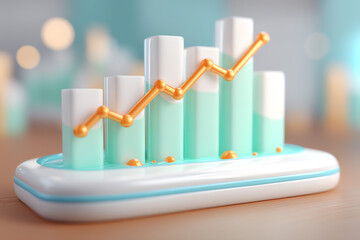 3D bar chart with a rising orange line graph displayed on a modern base.