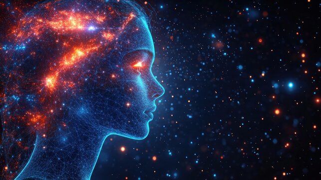 Digital female profile composed of glowing blue network lines and bright orange light nodes symbolizing artificial intelligence and futuristic technology