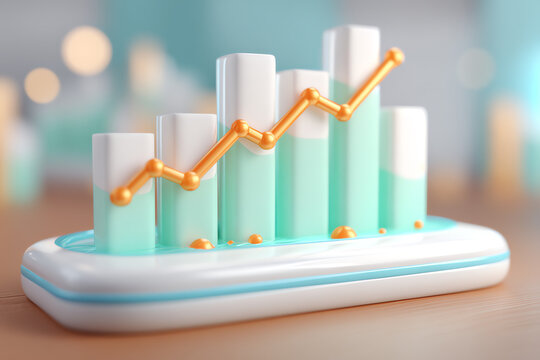 3D bar chart with a rising orange line graph displayed on a modern base.