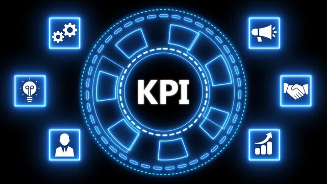 Animated kpi key performance indicator icon set surrounded by neon blue elements