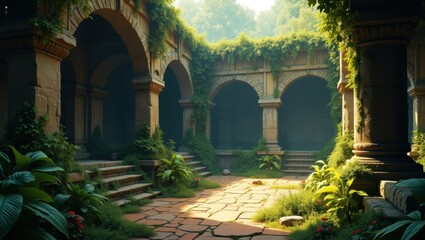 Ruined temple overgrown by jungle, mysterious old relics, exploration game art style