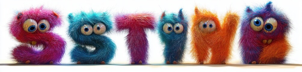 Fototapeta premium Colorful furry characters shaped as letters with large eyes and quirky expressions standing in a row on a white background