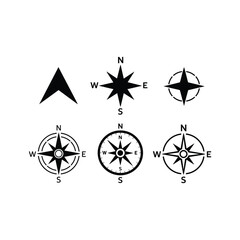Black compass and navigation arrow icons vector set, direction symbols, wind rose, travel guide, map elements, flat silhouette design.