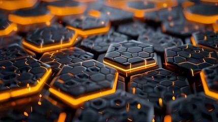 Stunning black hexagon pattern with vibrant orange glow for modern tech backgrounds and design elements