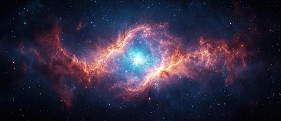 Obraz premium Bright blue star surrounded by vibrant glowing orange and pink nebula clouds in deep space filled with distant stars