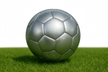 Silver soccer ball resting on pristine green field, transparent background highlighting textured metallic surface