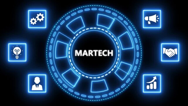 Animated martech concept illustrated with glowing icons on a dark background