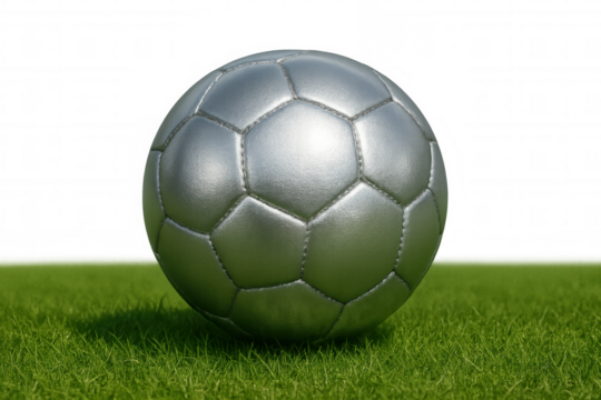Silver soccer ball resting on pristine green field, transparent background highlighting textured metallic surface