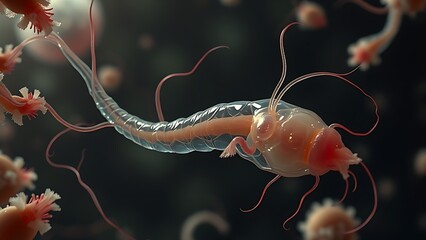 Microscopic view of decapitated sperm with parasite tendrils