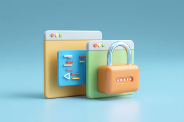 3D illustration of two browser windows, one displaying code and the other secured with a password-protected lock.