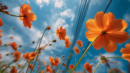 オレンジ色コスモスと夏空の眺め