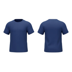 A simple navy blue crew neck t-shirt displayed from the front and back showcasing basic apparel design.