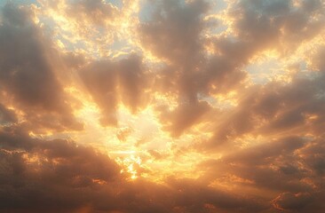 Golden sunlight breaking through scattered dark clouds creating dramatic rays in a partly cloudy sky during sunset or sunrise