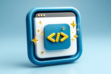3D icon of a blue and white code symbol with yellow brackets and decorative golden stars.